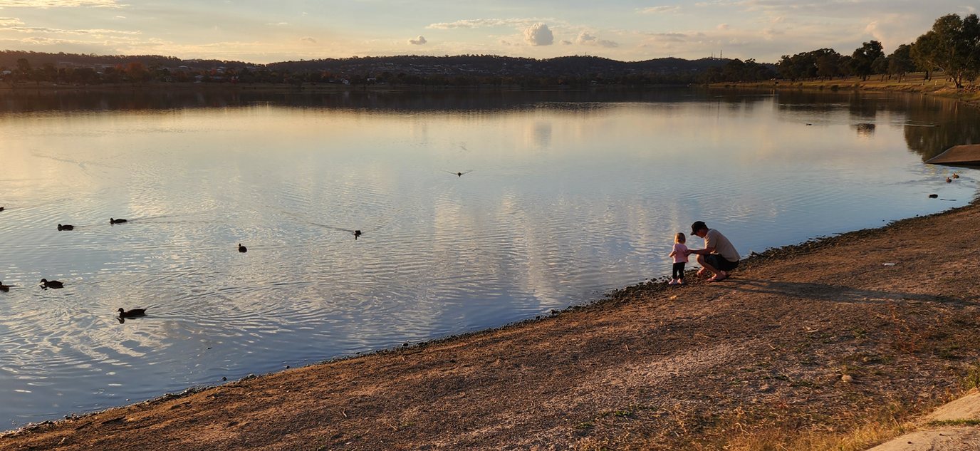 Lake Albert at dusk with waterbirds on the surface and a person and child at the water's edge