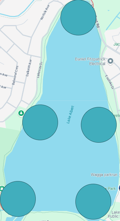 A map of Lake Albert with five circles marking the treatment sites around its perimeter