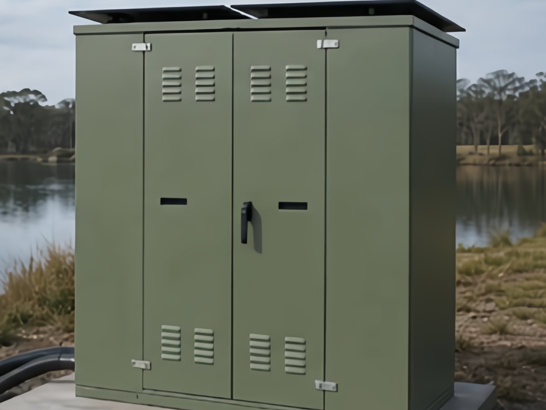 A Hydro2050 fixed treatment cabinet on a concrete pad on the bank of a lake