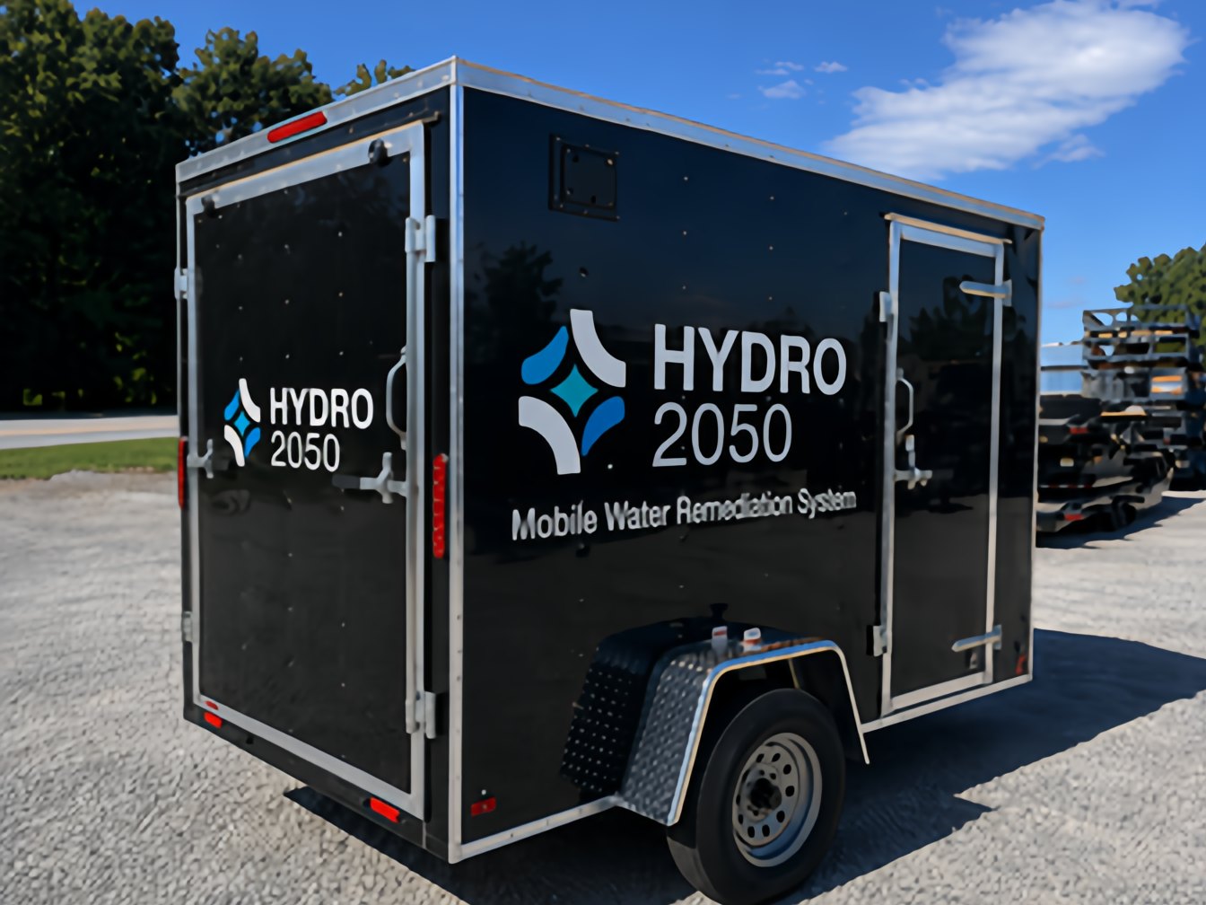 The Hydro2050 mobile water remediation system, built into a box trailer and signwritten with the Hydro 2050 mark
